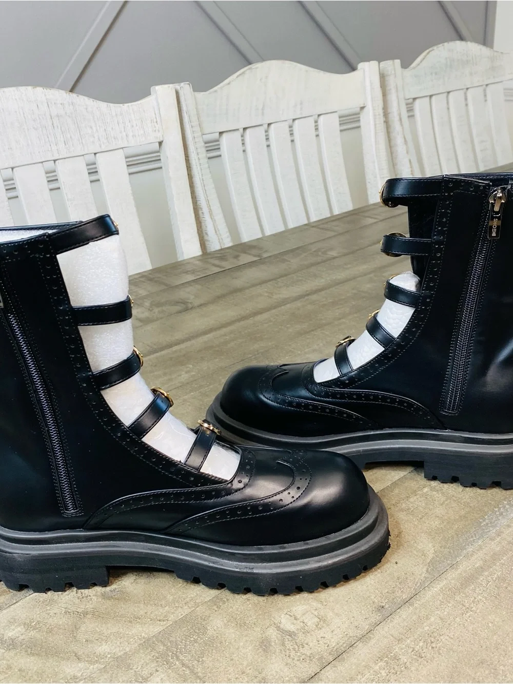 SHOEHI Luella Belt Walker Boots Black Gold Buckle Chunky Platform Size 8